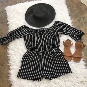 F21 LONG SLEEVE STRIPED OFF THE SHOULDER ROMPER